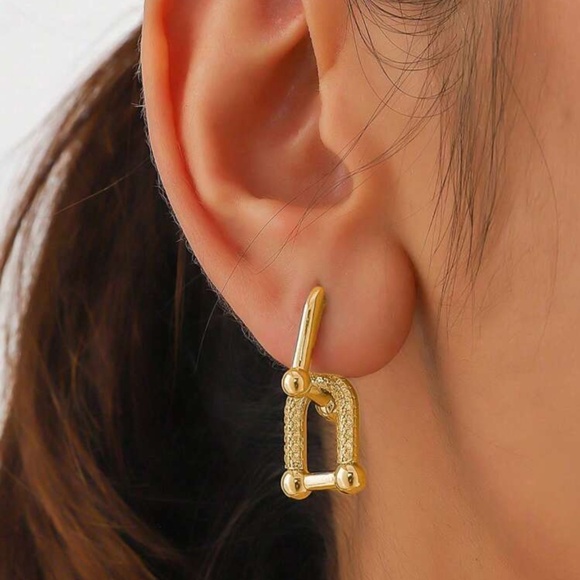 Gold Linked Textured Padlock Hoop Earrings - Picture 1 of 2